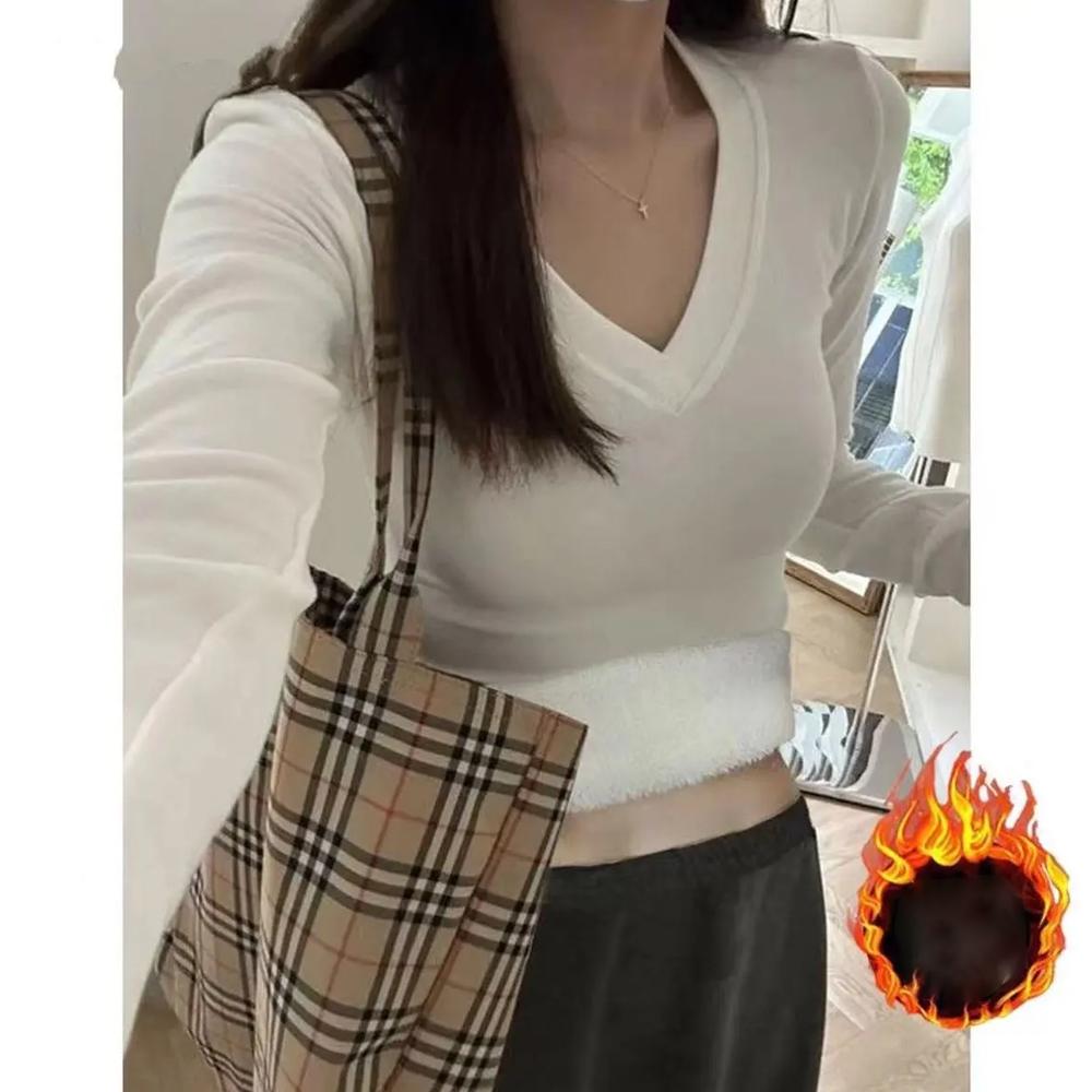 German Velvet V-neck Front Shoulder Autumn and Winter Long-sleeved Bottoming Shirt, Slim Fit, Velvet Thickened Spice Girl with Warm Top Inside