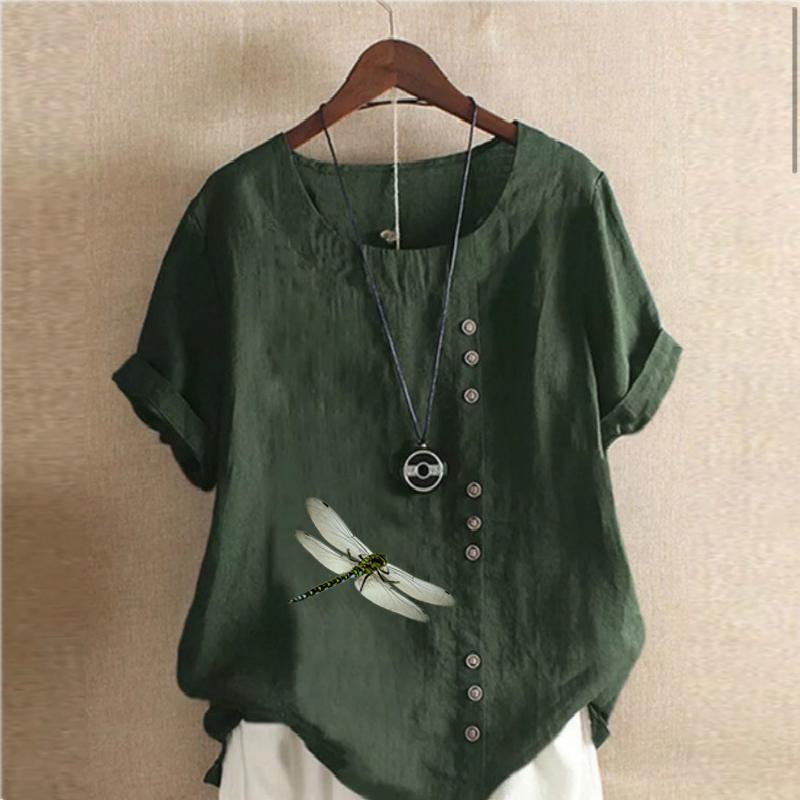 Women's Fashion Round Neck Short Sleeve T-shirt Casual Cotton Linen Graphic Shirt Leisure Loose Dragonfly Prined Summer Blouse Tops