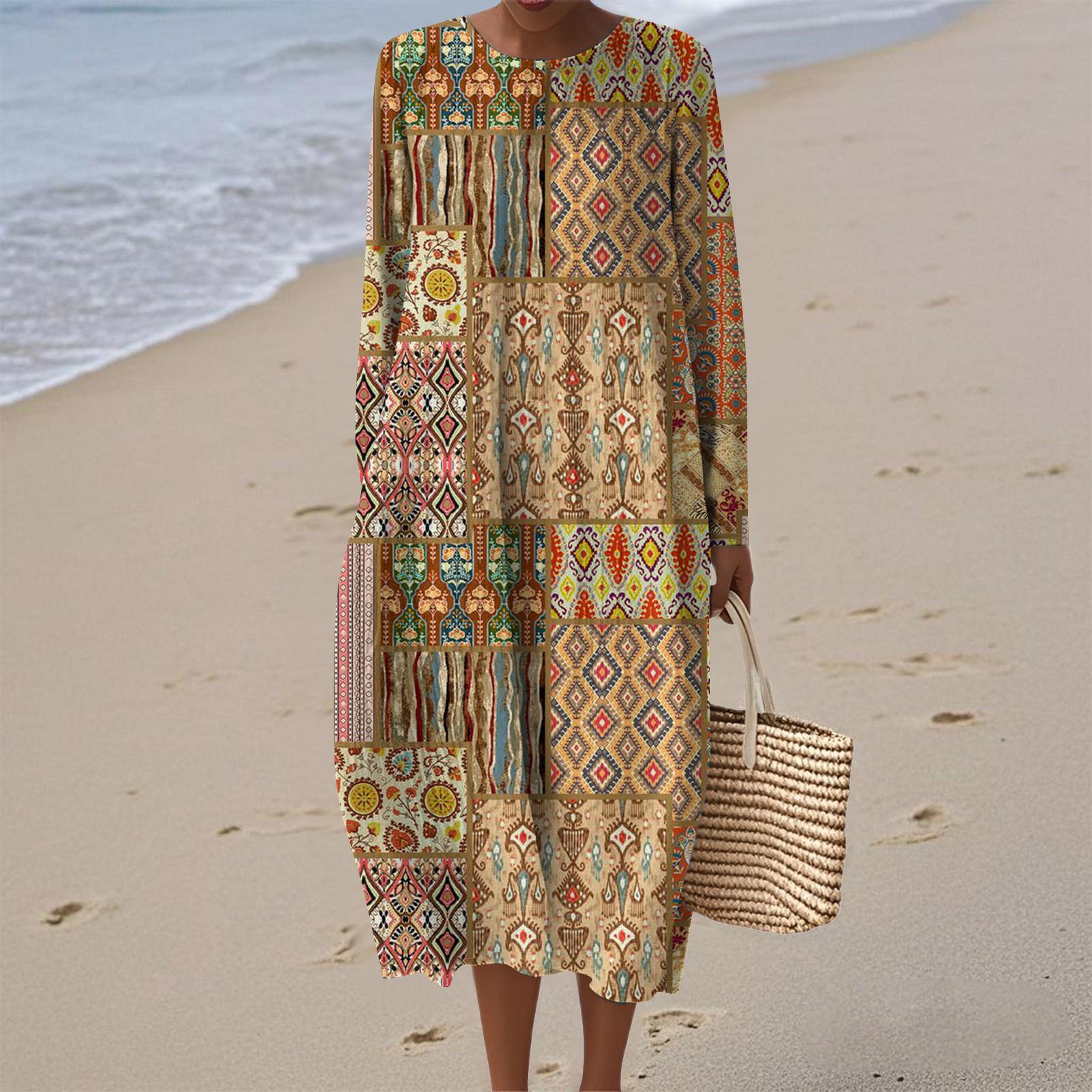 

Women s Fashionable Casual Long-Sleeved Round Neck Retro Geometric Print Elegant Dress XXL верблюд