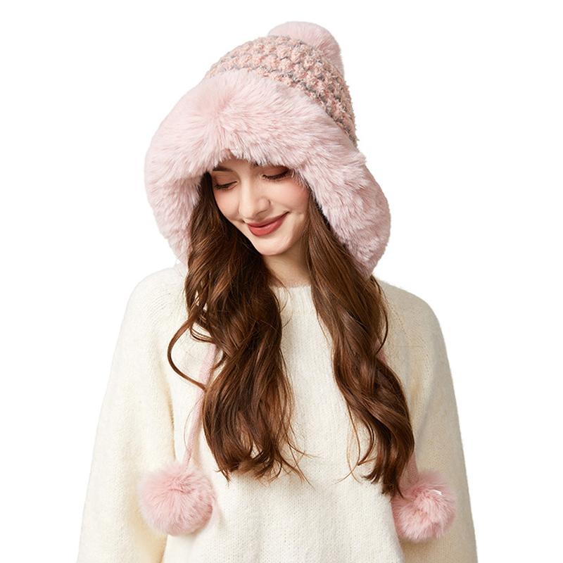 Knitted Hat Winter Big Hair Collar Thick Wool Hat Women's Three Hair Ball Warm Hat