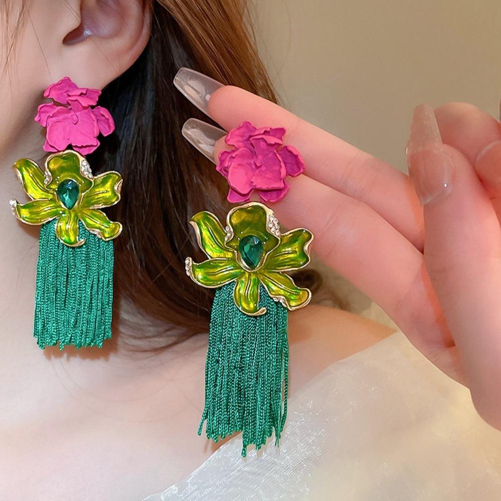 Strass-Blumen-Hängeohrringe Quaste Süße Ohrringe Trendige Bohemian-Ohrringe Damen Weiblich