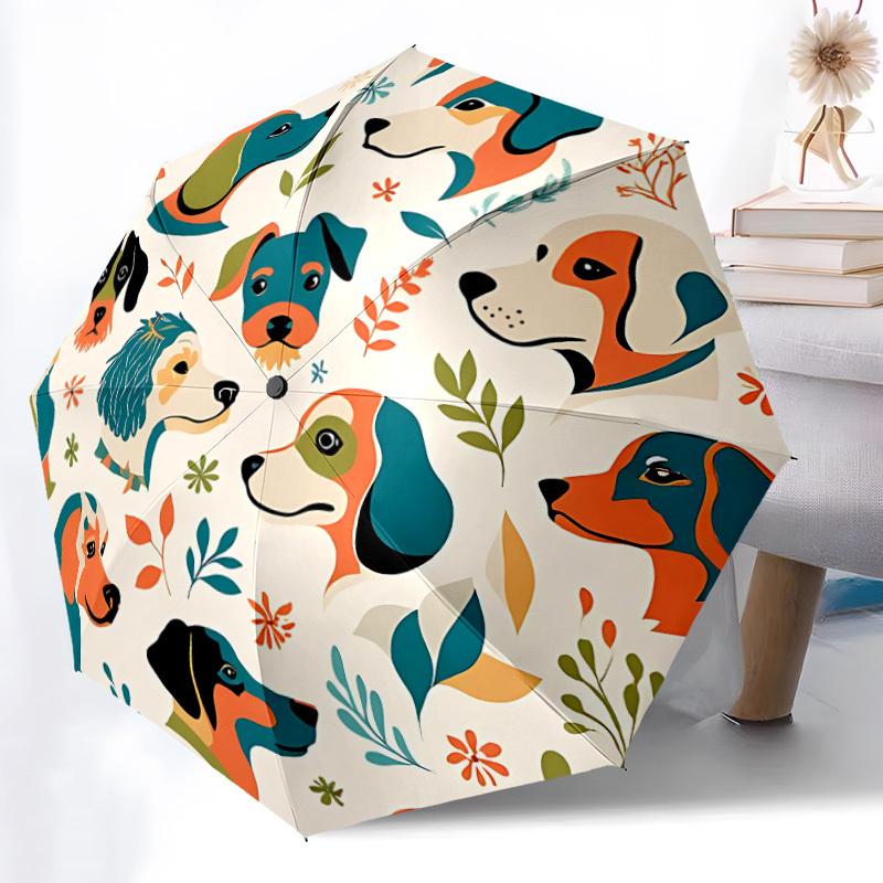 1pc Dogs Floral Automatic Open/close, Heavy-Duty Iron Frame & 8-Rib structure, Compact Folding Umbrella for Women/Men, All-Season Travel,  123