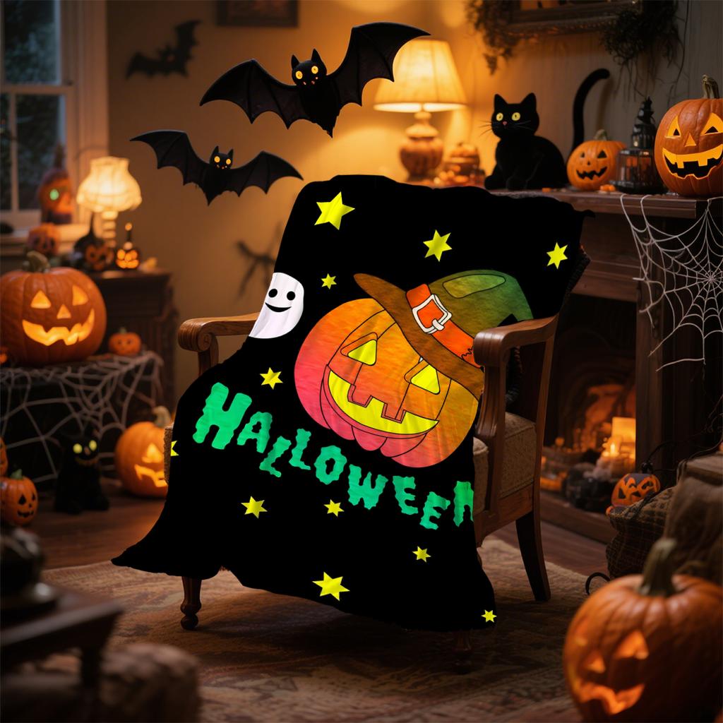 1pc Happy Halloween Blanket Ghost Pumpkin Witch Print for Sofa Skin-Friendly Soft Blanket New for Home Halloween Decoration
