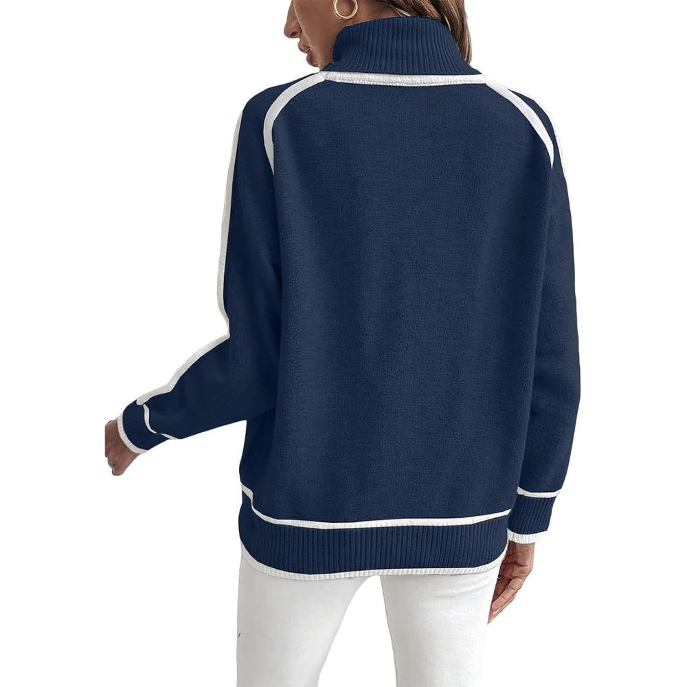 Cozy Fall and Winter Fashion Women's Elegant Knitted Thick Warm Hoodie Color Blocked Half High Collar Versatile Striped Sweater Jumper