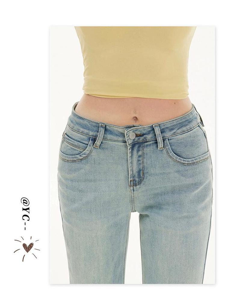 Women's Light Blue Micro-Flared Low-Waist Jeans: New for Spring & Autumn 2025, Slim Fit, Elastic, Spicy Girl Style