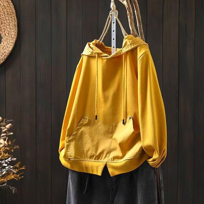 Johnature Women Vintage Hooded T-Shirts Solid Color Patchwork Pockets Autumn Long Sleeve Loose Casual T-Shirts