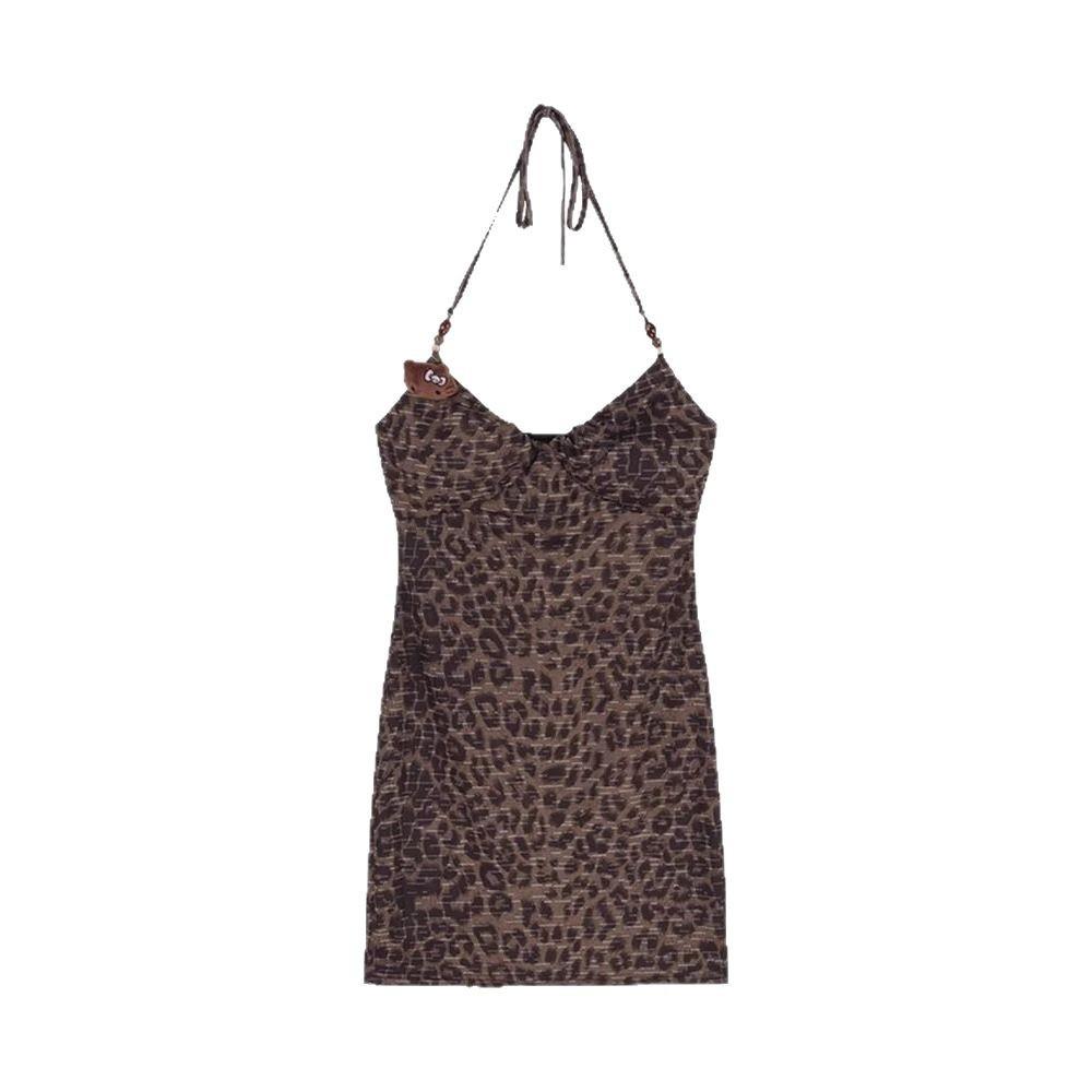 Hot and sexy neck sling leopard print dress for women's early spring new waist and thin inner hip-wrapped short skirt