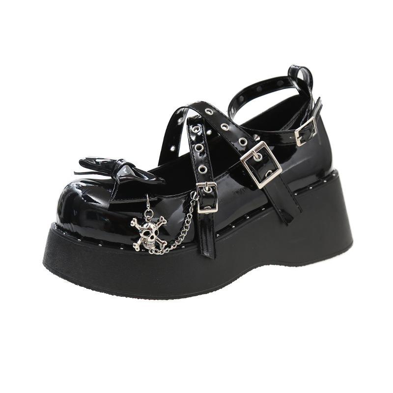 Kawaii Lace Bowknot White Lolita Shoes Women Heart Buckle Platform Mary Janes Woman Japanese Style Patent Leather Jk Shoes