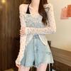 Early autumn new fake two-piece polka dot neck long-sleeved T-shirt slim sweet Spice Girl bottoming shirt with short top inside