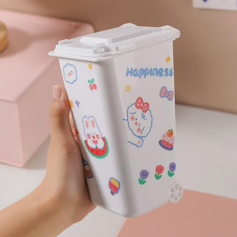 Coș de gunoi de birou de desene animate și suport pentru pixuri cu capac - Găleată mică creativă pentru depozitare acasă