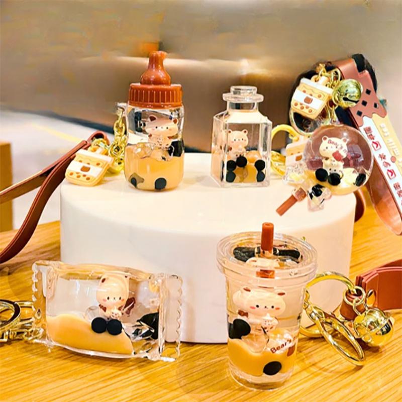 Unique Floating Bear Milk Tea Cup Keychain Adorable Acrylic Keychain Perfect For Travel Souvenirs