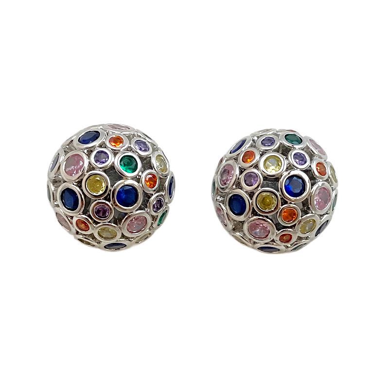 Vintage Spherical Stud Earrings with Colorful Zircon - Retro Court-Style Luxury
