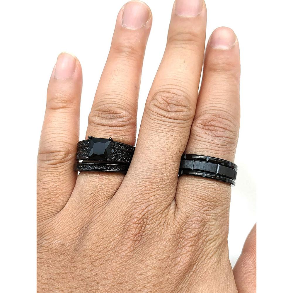 Fashion Couple Rings Romantic Women Black Rhinestones Zirconia Rings Set Simple Men Stainless Steel Ring Wedding Party Jewelry