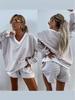 Sommer Damen Gestreiftes V-Ausschnitt Top & Shorts 2-teiliges Set