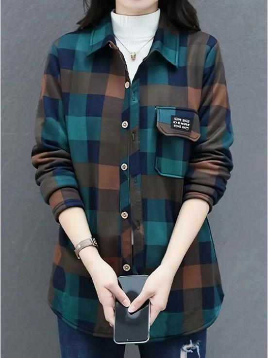 Women's Velvet Lined Plaid Shirt Jacket - Loose, Warm, Autumn Winter Top