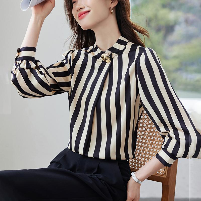Women Blouses Shirts 2025 Spring Long Sleeve Women Blouse Shirt Stand Collar Striped Blouse Shirt Women Tops J907
