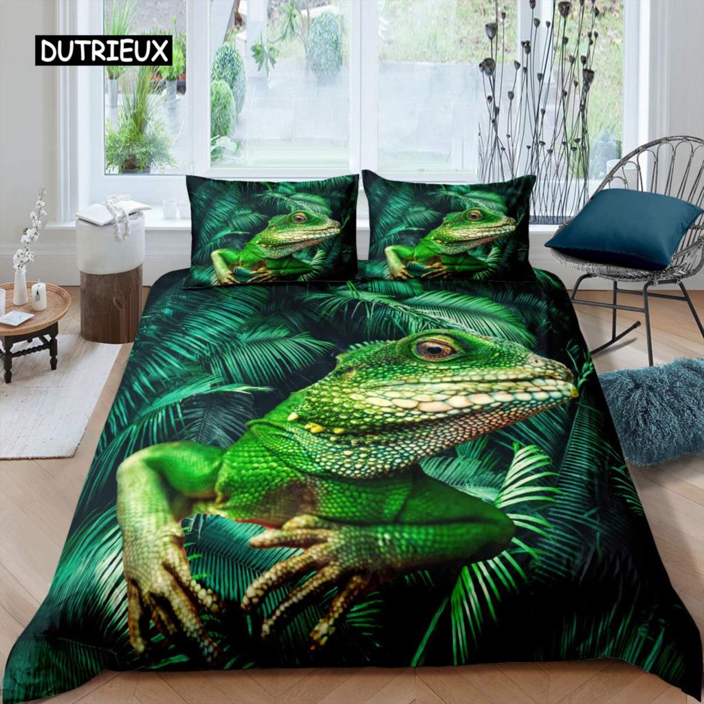 Chameleon Duvet Cover Set 3D Wild Animal Theme Twin Bedding Set Wildlife Comforter Cover Boys Green Leaf Polyester Quilt Cover