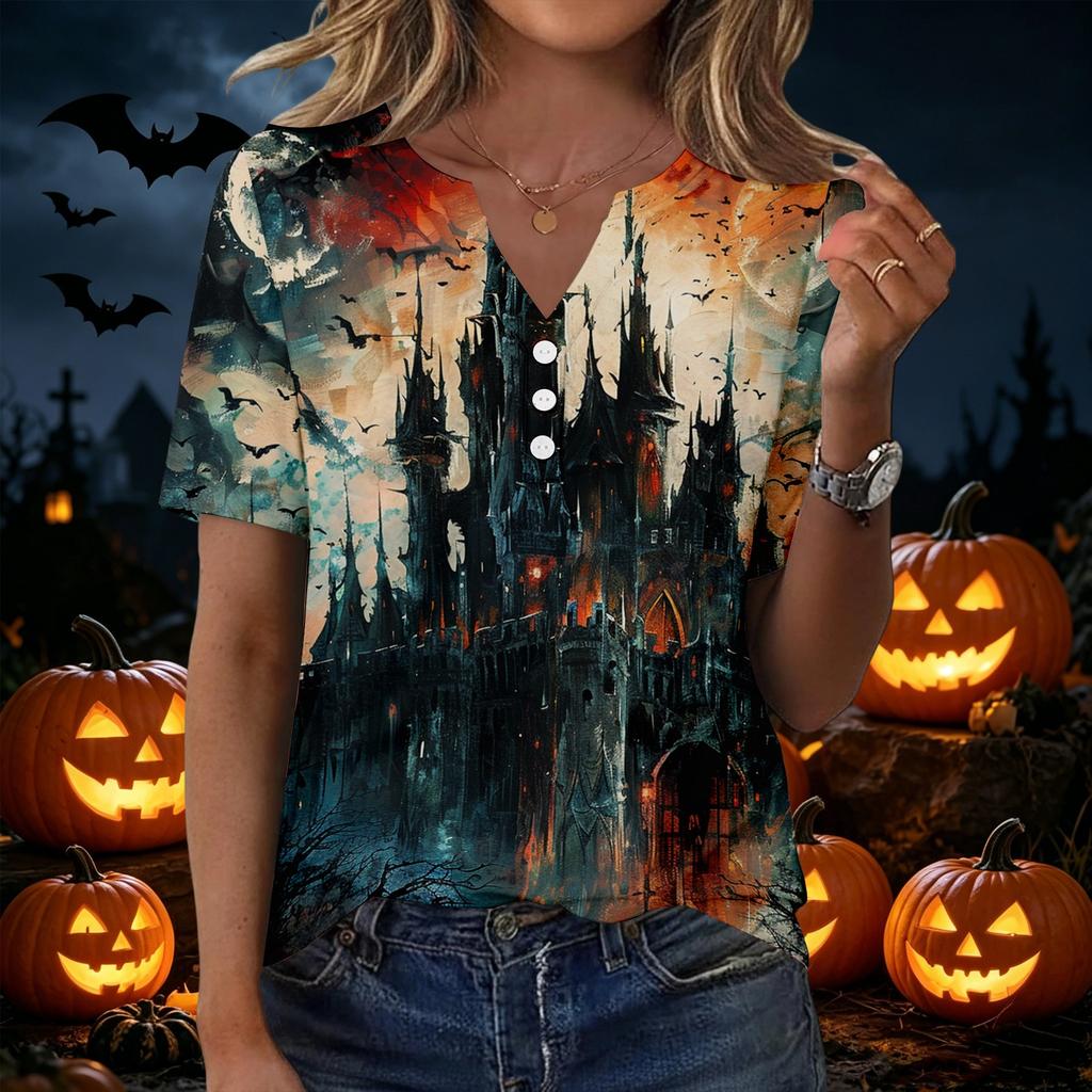 Women's Casual Halloween Print V Neck Short Sleeve T Shirt with Decorative Buttons Gothic Style Relaxed Fit Top for Everyday Wear
