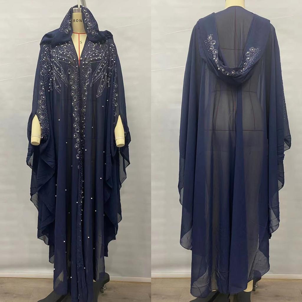 Womne Muslim Dress Embroidered Beads Abaya Dress Muslimah Hooded Robe Chiffon Kaftan Long Dress Middle East Africa Plus Size Maxi Dress