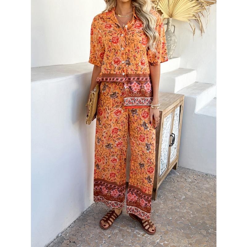 Women's Summer Print Contrasting Color Bohemian Vacation Short-sleeved Long Trousers Set