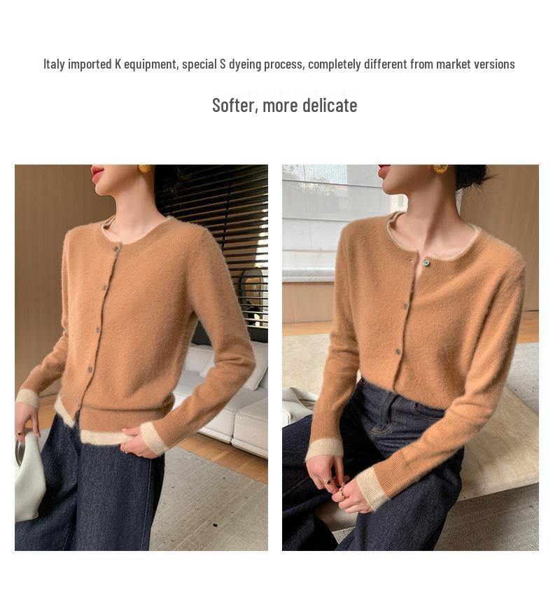 Color-Block Cashmere Cardigan: Women's Round Neck Loose Slimming Wool Knit Sweater for Autumn and Winter