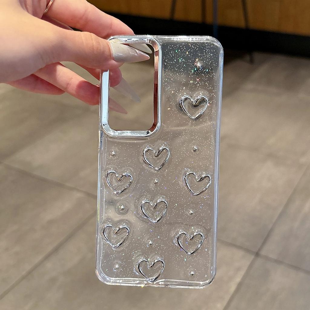 Clear Glitter 3D Silver Love Heart Case For Samsung Galaxy S25 S24 S23 Ultra Plus FE A56 A36 A26 A16 A55 A35 Epoxy Bumper Cover
