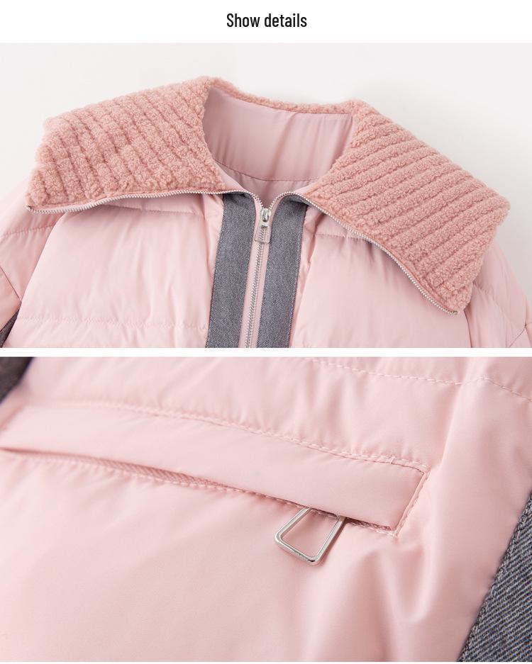 YJ6838 Women's Winter Down Jacket: Versatile Spliced Denim Lapel with Particle Fleece and 90% White Duck Down