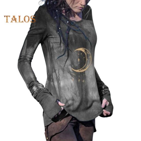 Top da donna Girocollo Manica lunga Maglietta stampata luna Aderente Lunghezza media Elasticizzata Maglietta da indossare tutti i giorni