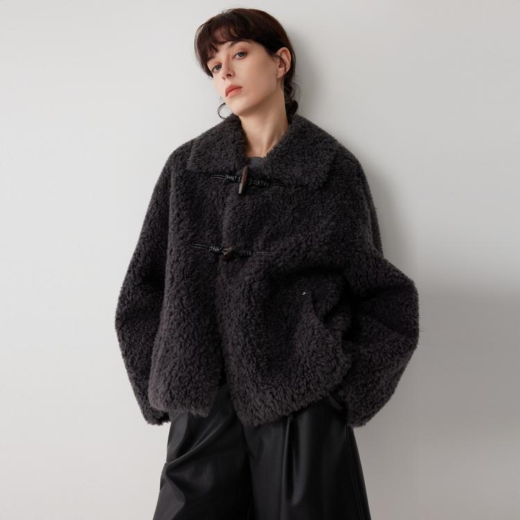 ELLE French Vintage Drop Shoulder Toggle Button Casual Loose Versatile Comfortable Long Sleeve Lamb Wool Plush Coat Women outerwear EF53039