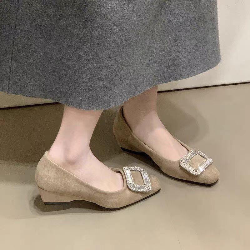Square buckle rhinestone thick heel one pedal single shoes women's spring and autumn new commuter suede square head wedge heel women's shoes