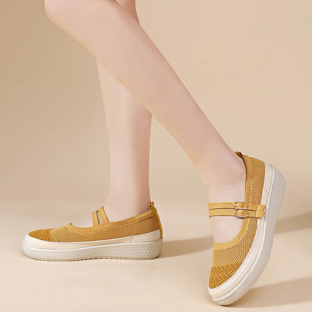 Women Mesh Flyknit Outdoor Shoes Breathable Lightweight Casual Sneakers with Adjustable Strap and Flexible Sole for Daily Walking and Travel