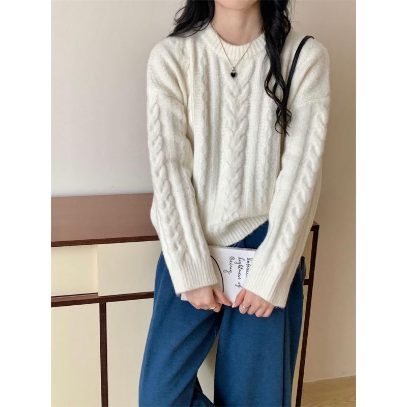 Autumn and winter new retro twist crew neck pullover sweater with women's loose and lazy casual bottoming knitted sweater