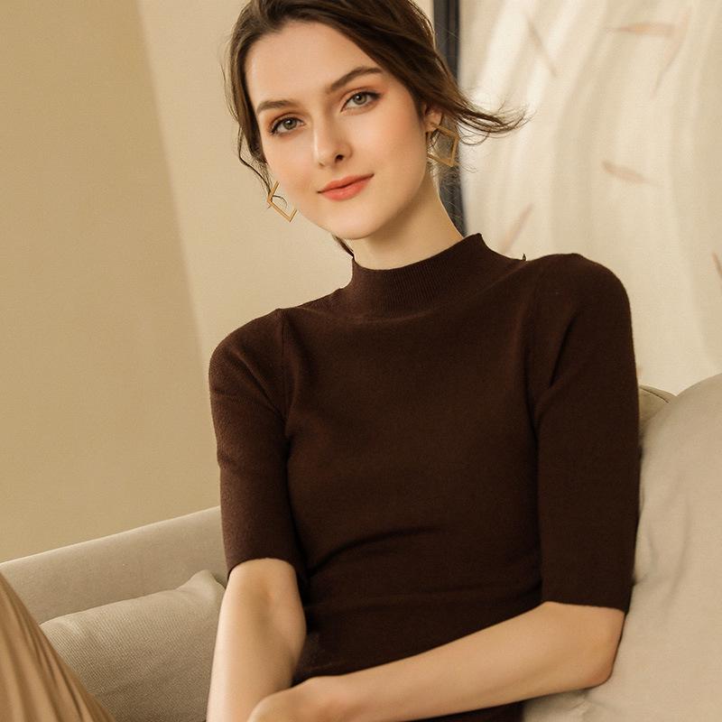 2021 Spring Knitted Half-High Neck Slim Pullover with Five-Point Sleeves