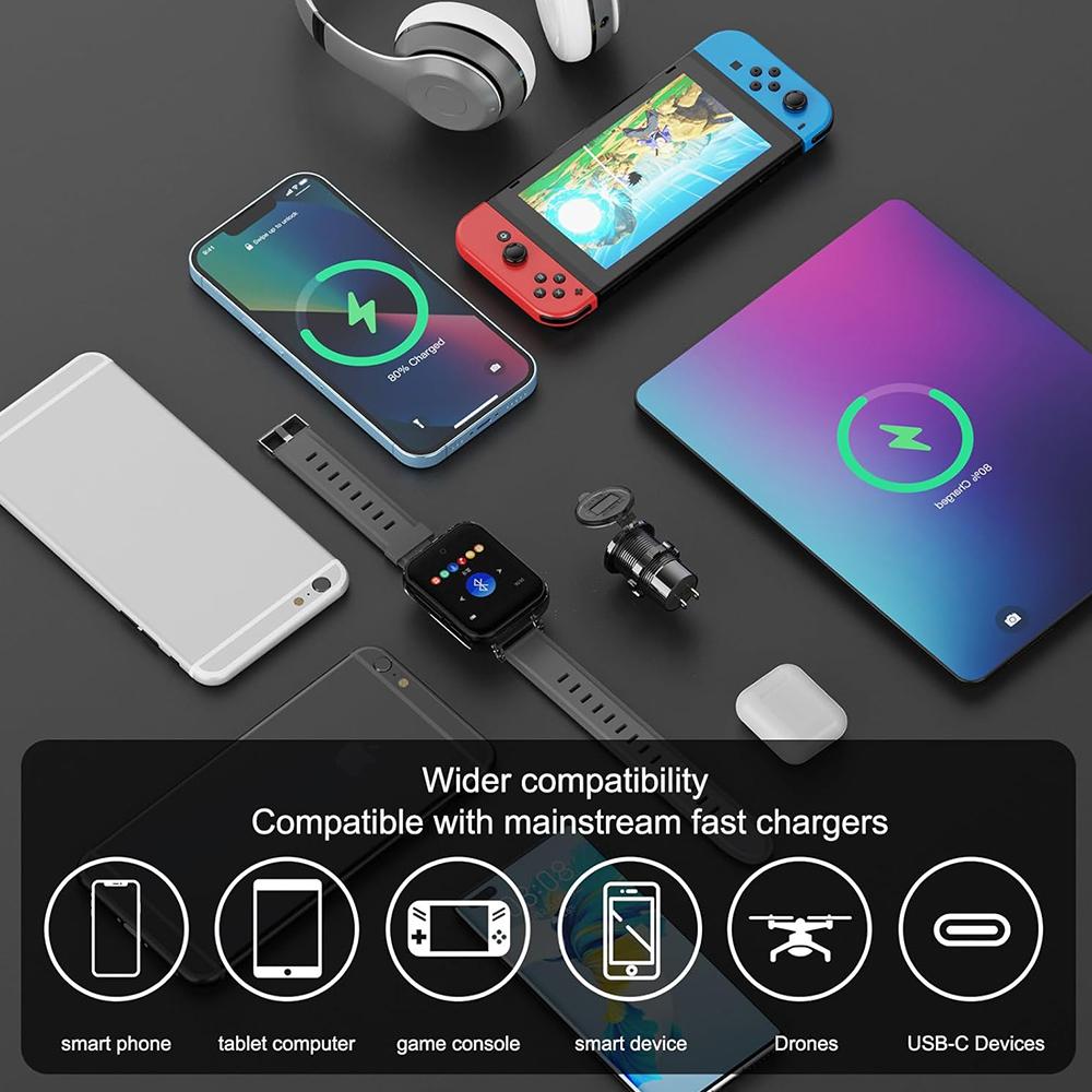 Chargeur Rapide USB 4 Ports Aluminium Double PD & Double QC3.0 Chargeur de Voiture avec Voltmètre LED pour Voitures 12V/24V Bateaux Motos