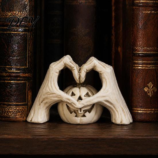 Halloween Pumpkin Figurine Gothic Skeleton Heart Hand Sculpture, Spooky Resin Abstract Statue, Gift for Collectors Shape Finger Gesture Love Ornaments