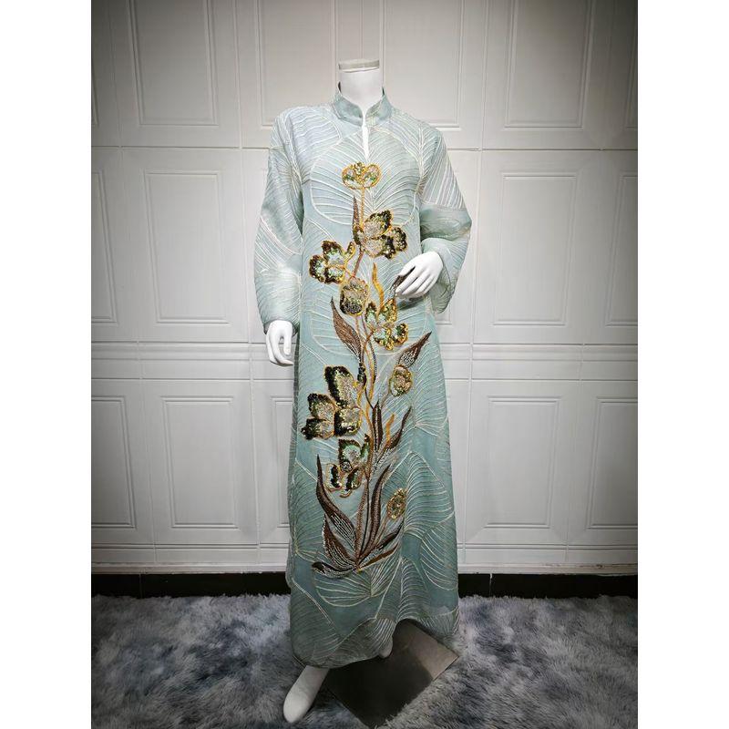 

Ближний Восток Новая Мода Тяжелая Промышленность Вышивка Сетка Платье Ближний Восток Халат Длинное платье Платье с вышивкой Light green XL