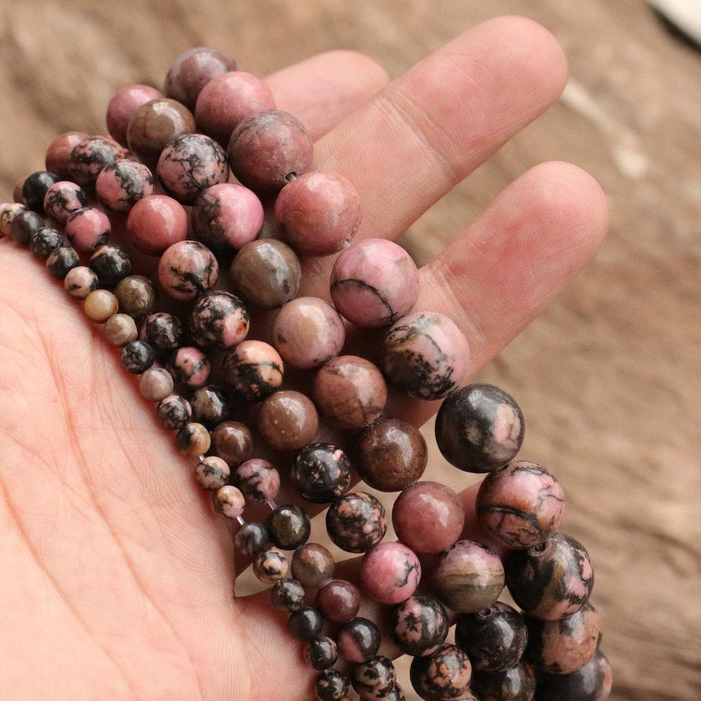 Perles de Jade Fleur de Pêcher en Rhodonite Naturelle: Ligne Noire, Veine Rouge, Grain de Bois Jaune, Fils Lâches DIY 4-12mm