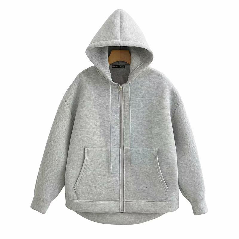 Women's Loose Hooded Zipper Sweatshirt Jacket - Solid Color, Long Sleeve, Casual Fashion for Spring & Autumn
