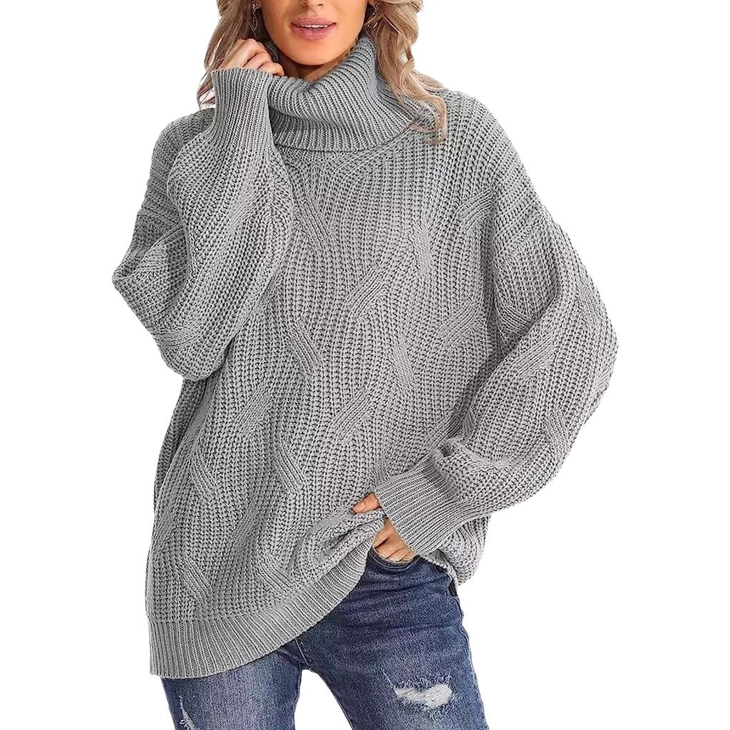 Women's Loose Fit Cable Knit Turtleneck Pullover Sweater