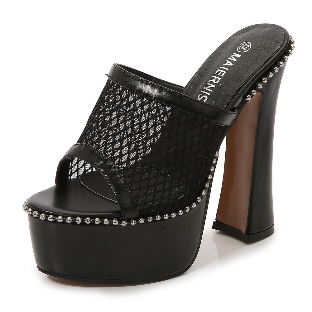 

New mesh waterproof table size high heels thick heel outer wear fairy fashion one-word sandals 39 чорний