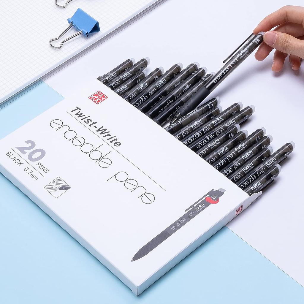 ParKoo Retractable Erasable Gel Pens, 20 Black Twist Pens, Fine Point 0.7 mm, Make Mistakes Disappear, Smooth Writing with Comfortable Grip for