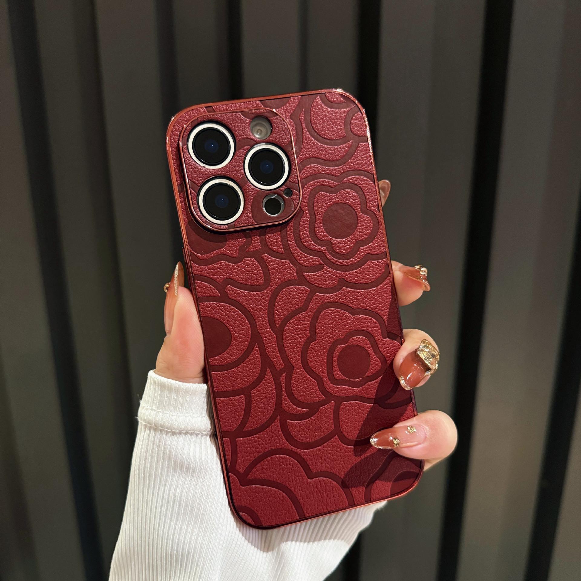 

Leather Pattern Electroplated Camellia Phone Case for Apple 16 Pro Phone Case for IPhone 14 Plus Protective Case 15 For iPhone11ProMax