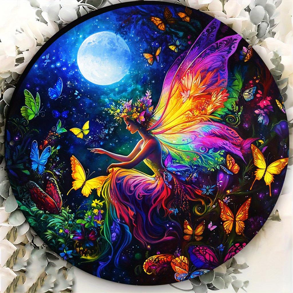 Pc D Flat Print Xcm Sign Pc Vintage Round Sign Enchanted Garden Theme with Flower Fairy and Butterflies