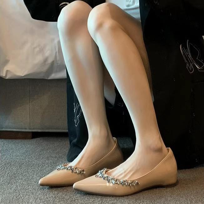 Sheepskin New French Evening Wind Rhinestone Pointed Flat Shoes Women's Shallow Mouth Inner Height Increase Single Shoes Commuter Soft Sole Wo