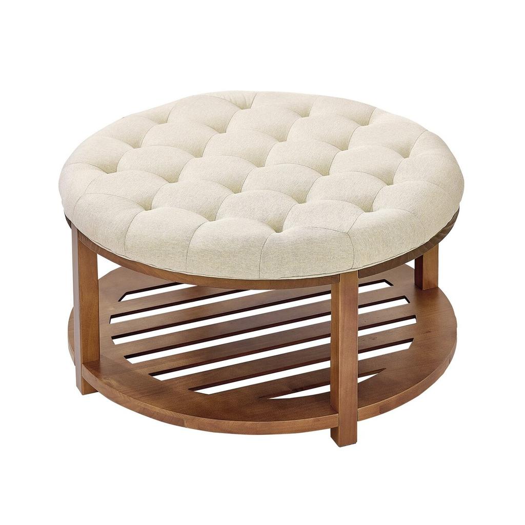 Large Round Ottoman Coffee Table, 81 cm Tufted Coffee Table with Solid Wood Shelf Storage, Linen Solid Upholstered Footrest Ottoman for Bedroom Living