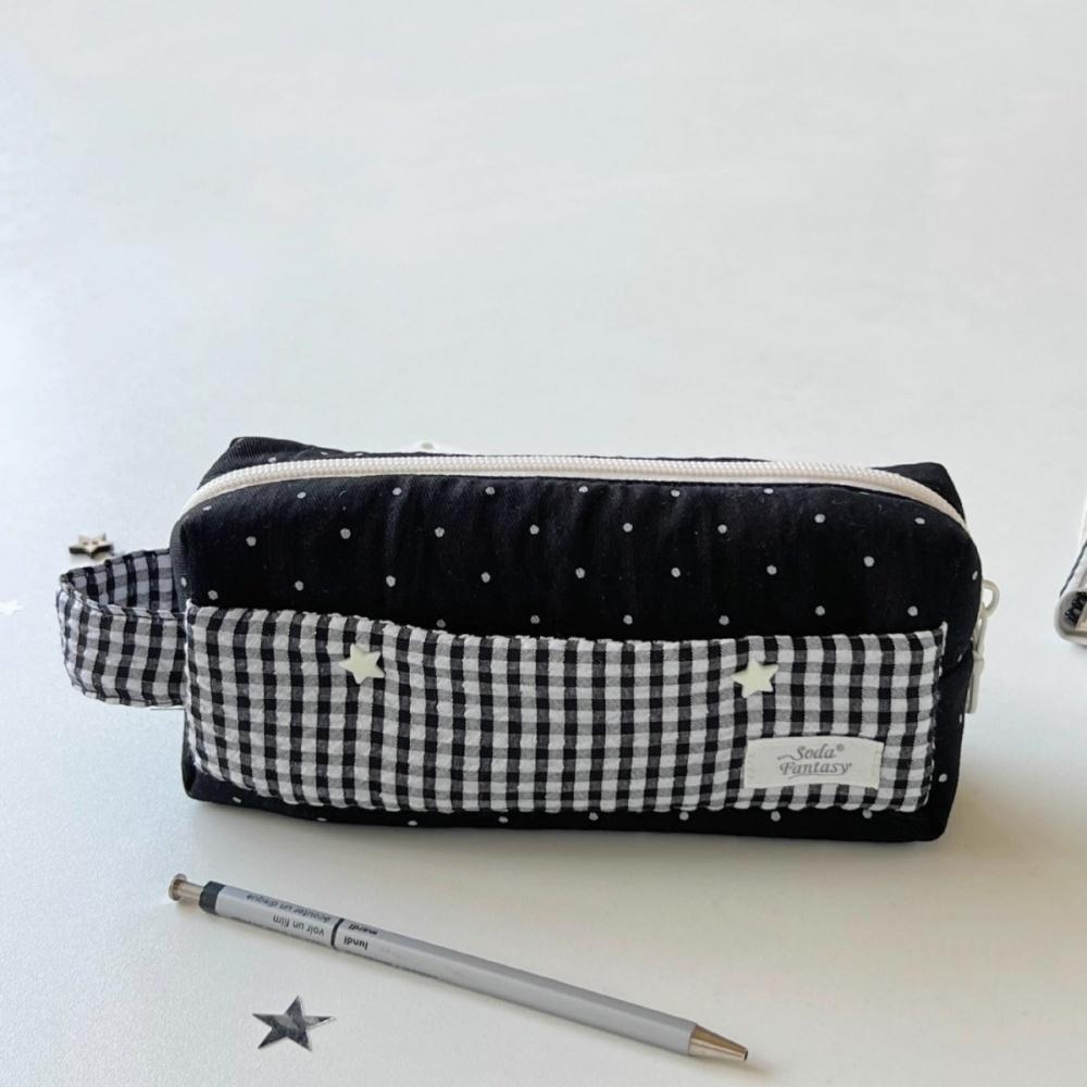 Ins Dot Plaid Star Pencil Case Canvas Pencil Pouch Multifunctional Stationery Storage Bag Students School Organizer Supplies