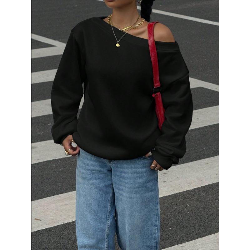 Women S Loose Off Shoulder Solid Color Pullover Sweatshirt