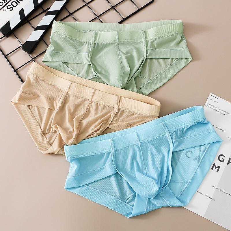Men'S Sexy Ice Silk Mid Waist Briefs Solid Seamless U Convex Sports Panties Lingerie Underwear Large Size Summer Cool Underpant