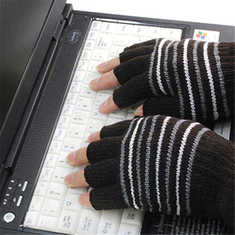 USB Heated Gloves Mitten for Men Women Striped Knit Fingerless Gloves Winter Hands Warmer Laptop Gloves for Adults