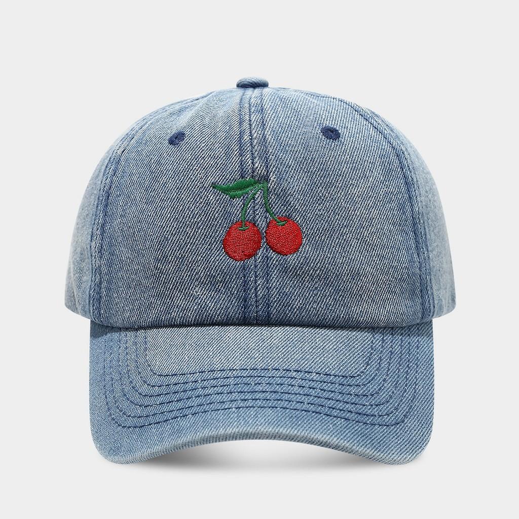 Cherry Embroidered Denim Baseball Cap For Women With Sun Protection And Breathability